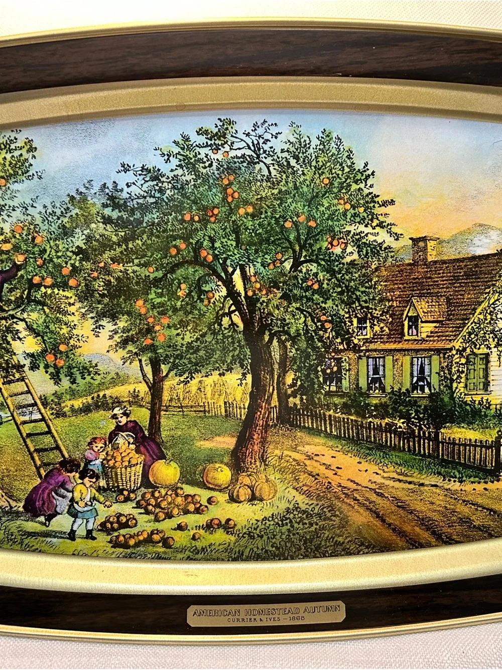 Vintage-Style Currier & Ives Autumn Orchard  Metal Serving Tray Mint condition